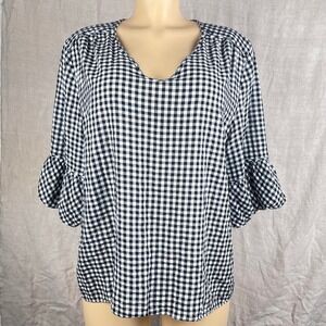 Chicos Top XL Black White Gingham Check V-Neck Bell Sleeve Blouse Coastal Spring